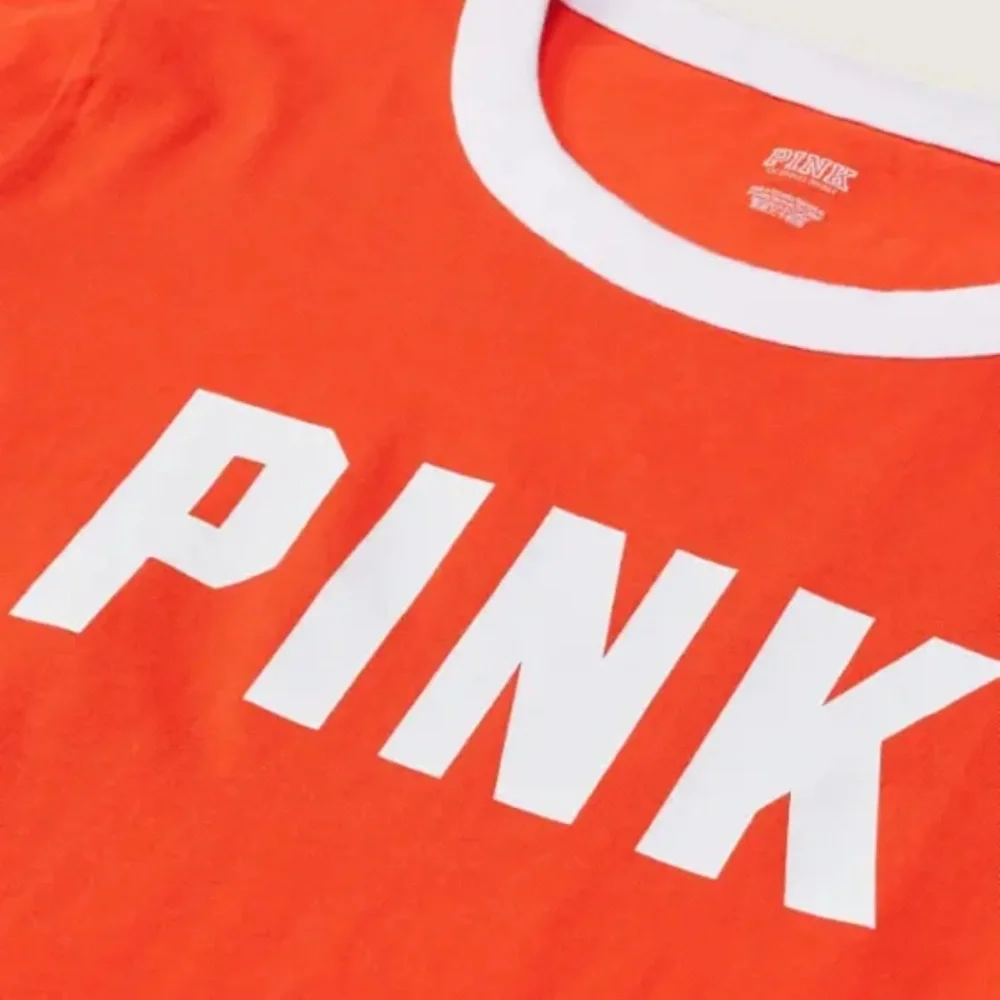 PINK Victorias Secret Short Sleeve Tee Orange White Trim Crew Neck Campus Large - Picture 3 of 9